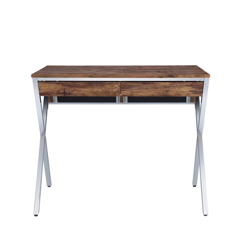 Oak Writing Desk with "X" Chrome Legs and Weathered Oak Finish, Two